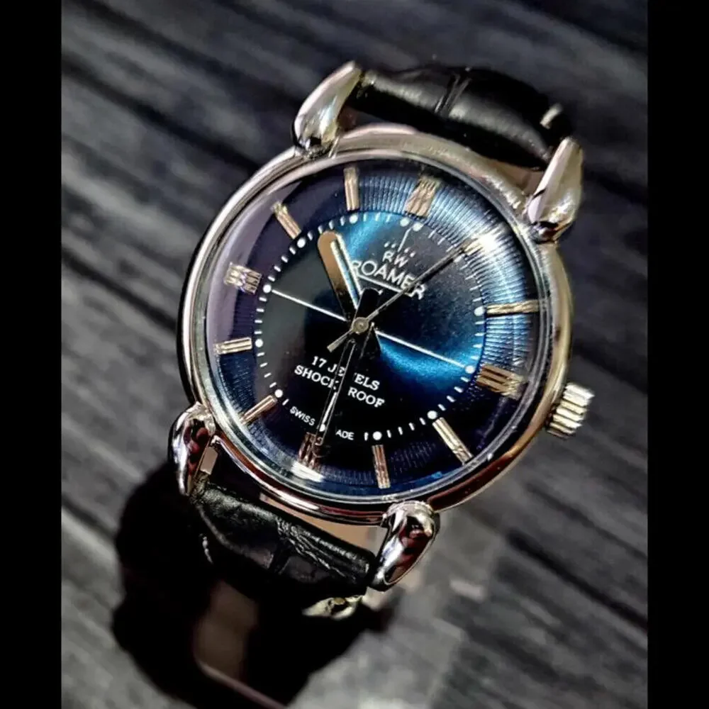 Rare Roamer Brevete Swiss Mens Manual Watch Slv Blu‎ Blk
